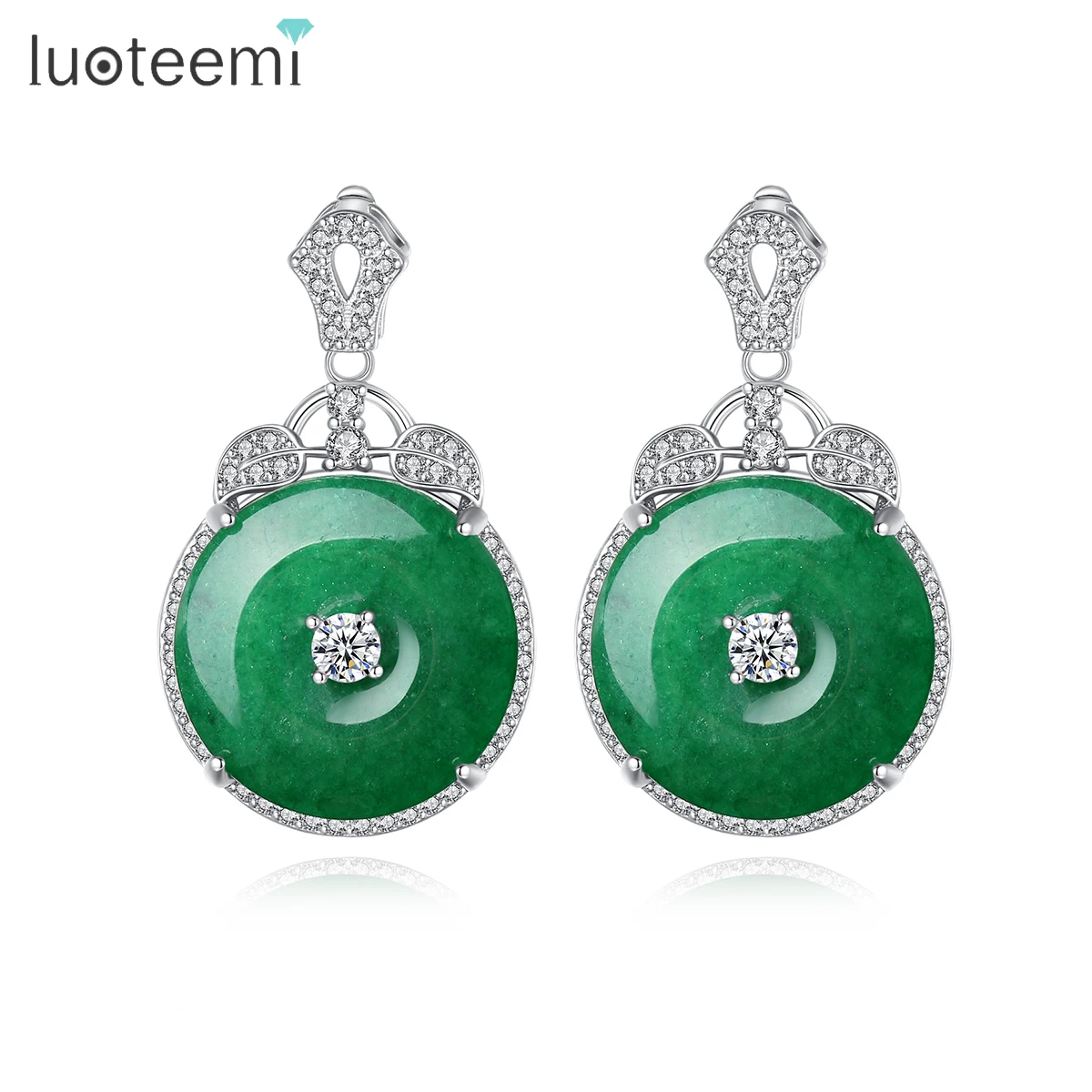 

LUOTEEMI Classic Elegant Green Jade Earrings Small CZ Paved Women China Jade Jewelry Vintage