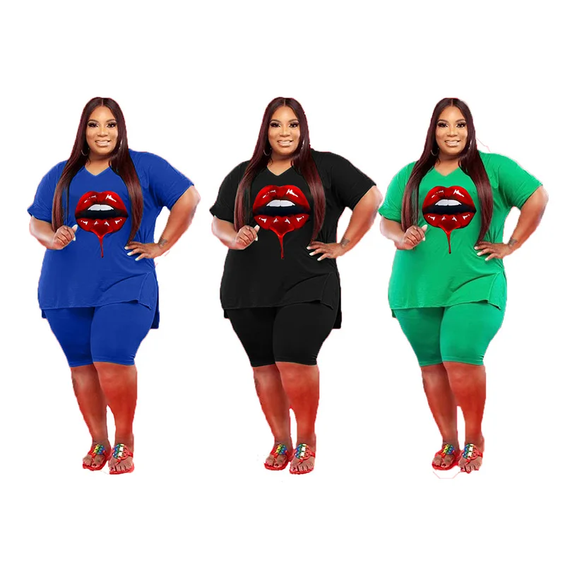 

plus size women summer set printed lip pattern hot sale clothing