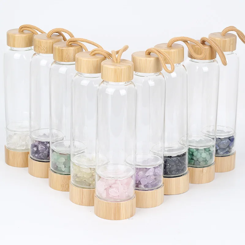 

Wholesale BPA Free Customized logo Crystal Eco friendly 100% Biodegradable Bamboo Lid Glass Water Bottle With Gem, Clear
