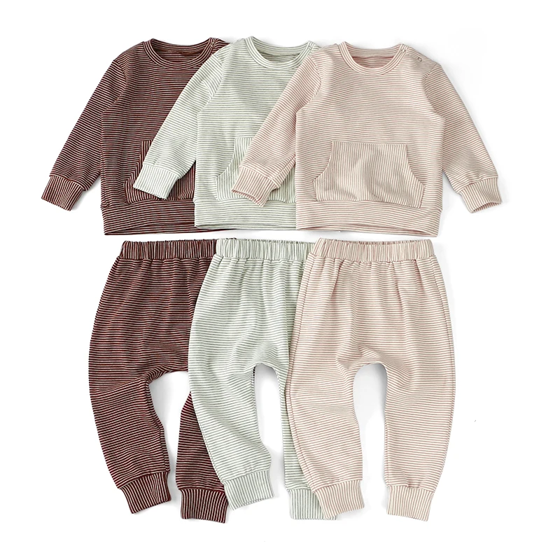 

In Stock Children's Four Seasons Soft Baby Suits Two-piece Long-sleevee Stripe Kids Clothing Sets, Picture