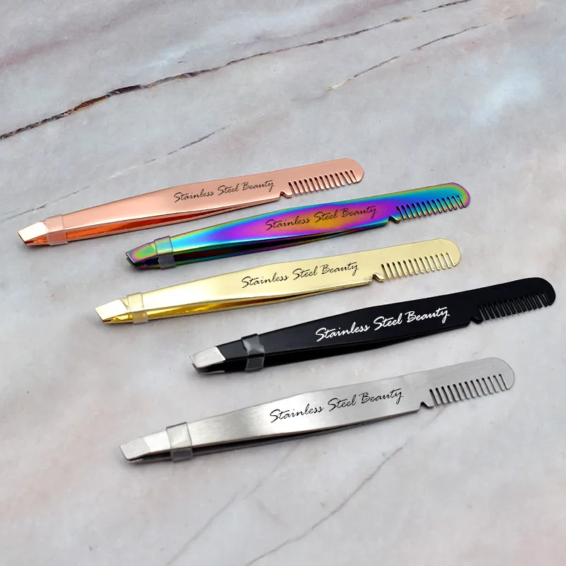 

2020 lashdoll makeup tools stainless steel tweezers with comb private label custom eyebrow tweezers vendor