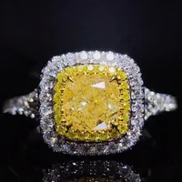 

925 Sterling Silver Jewelry Cushion Cut Yellow Cubic Zirconia Diamond Mix Gold and Rhodium Engagement Halo Diamond Ring