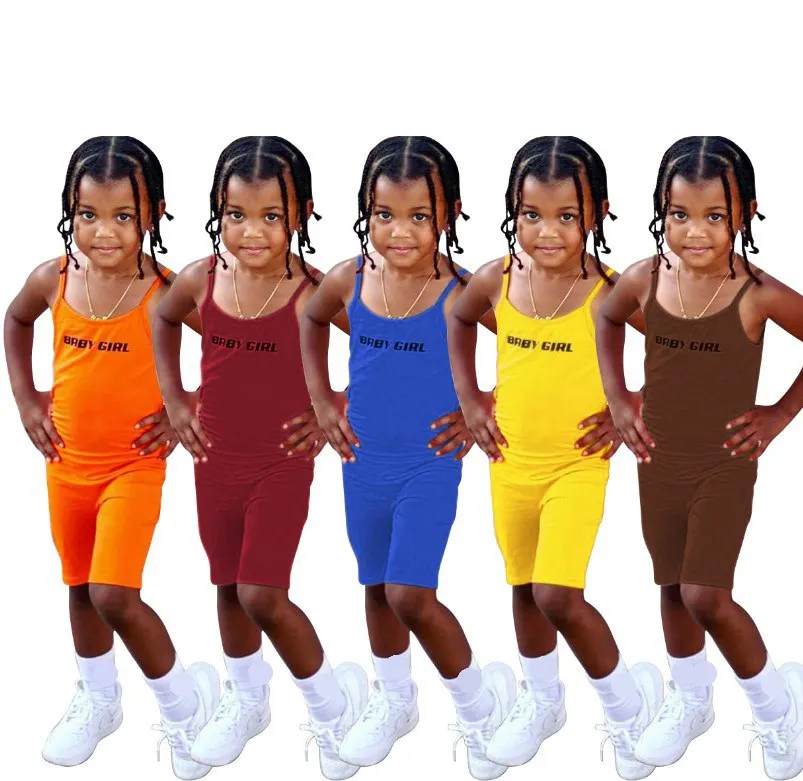 

Y107012 New Kids Summer Girl Cute Jumpsuit Orange Child Sling Letter Printing Sports Outer Wear, Customized color
