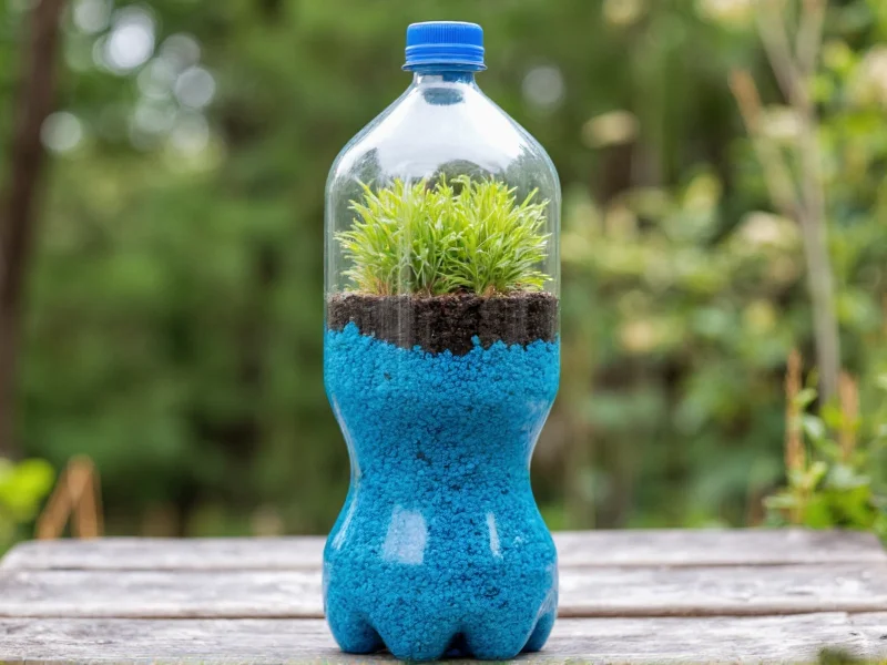Recycled plastic bottle terrarium with blue layers