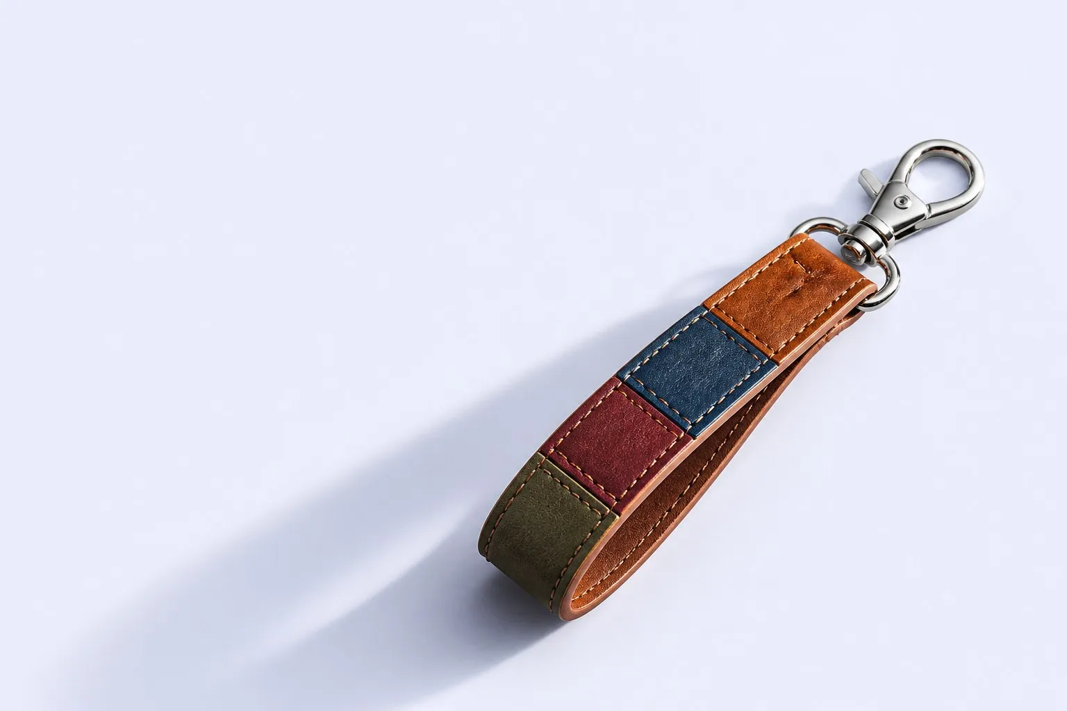Patchwork leather wristlet keychain, angled studio shot