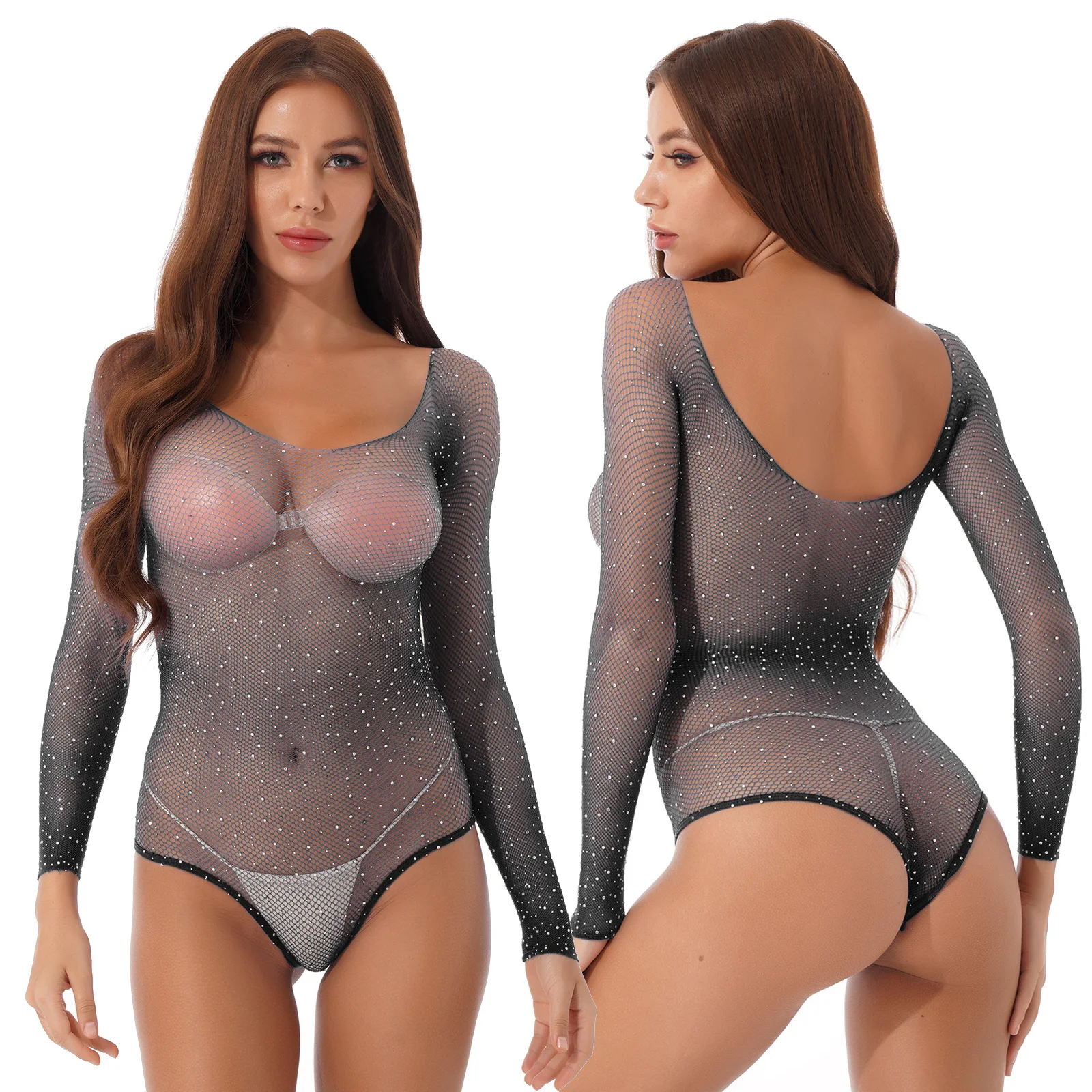 

Women Sexy Lingeries Erotic Rhinestone Bodysuit Long Sleeve Fishnet Bodystocking