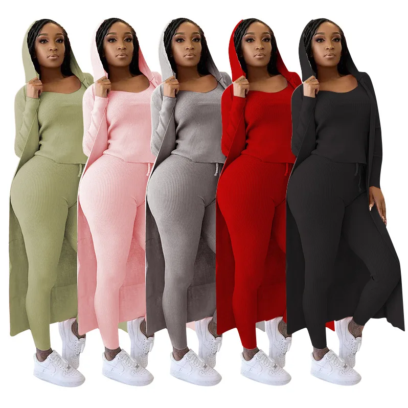 

2021 New Arrivals Fashion Women Casual Hooded Long Sleeve Cardigan Coat Vest Crop Leggings 3 Pieces Set Outfits Suit, Picture show