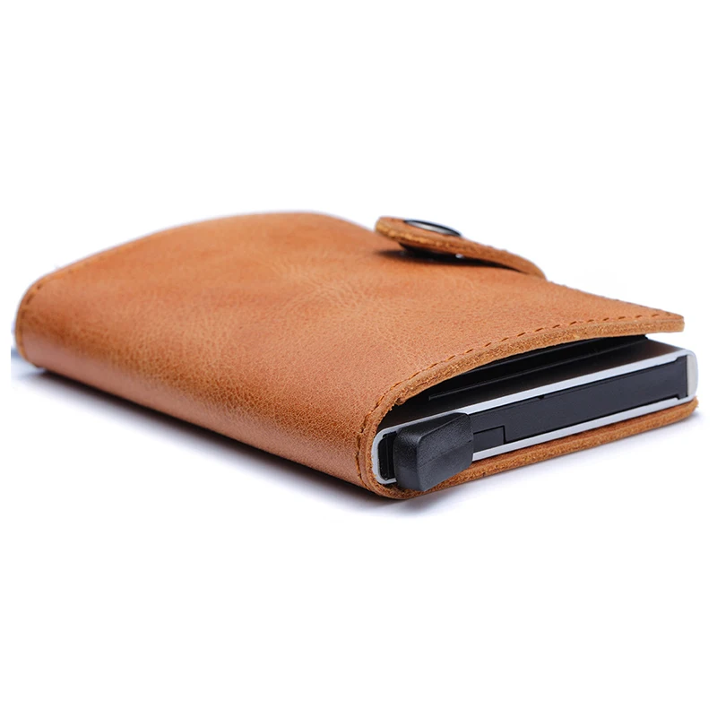 

Promotion gift RFID blocking slim leather aluminum automatic pop-up business card holder wallet