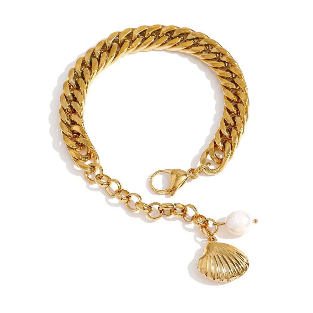 

JINYOU 2153 Beach Shell Natural Pearl 18K Gold Bracelet Jewelry Stainless Steel Chain Bangle Bracelet