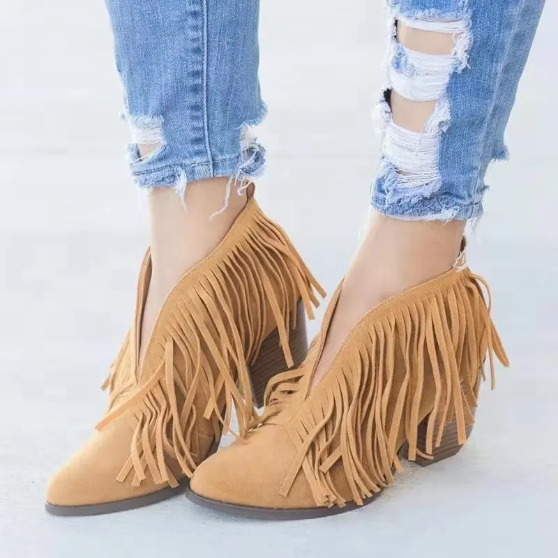 

High Quality Personalized Faux Suede New Pointed Thick Heel Tassel Shoes Fringe Ankle Boots, As shown