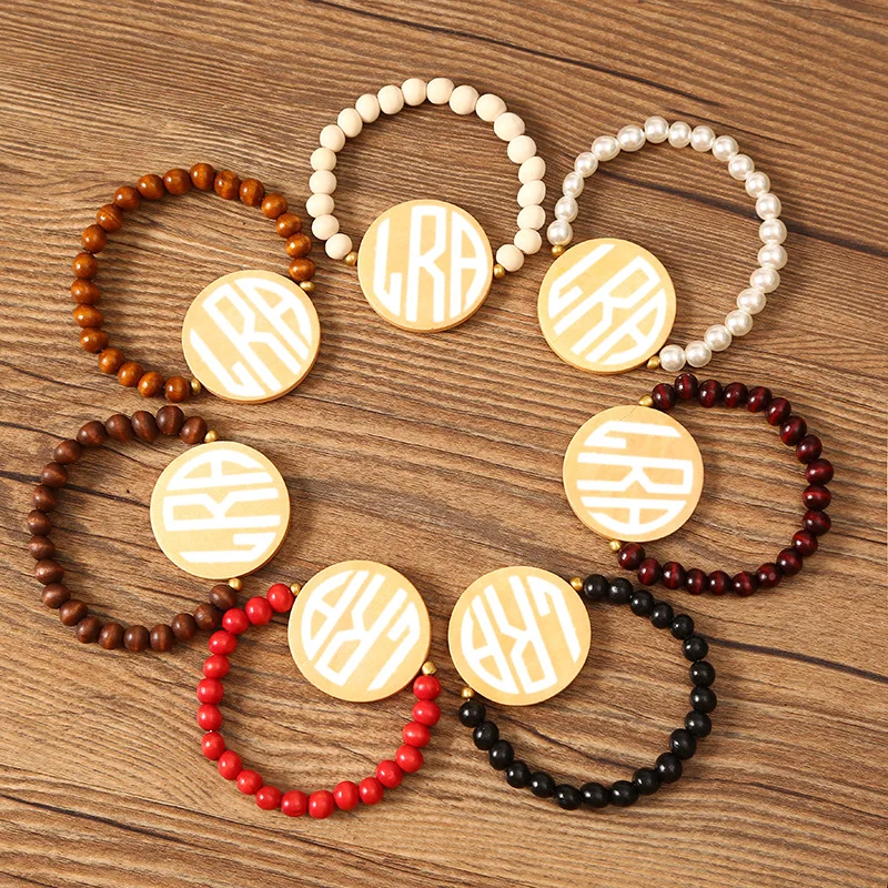 

Personalized Custom Moq 100 pcs Handmade Blank Wooden Disc Bracelet Monogram Custom Logo Wooden Beads Bracelet