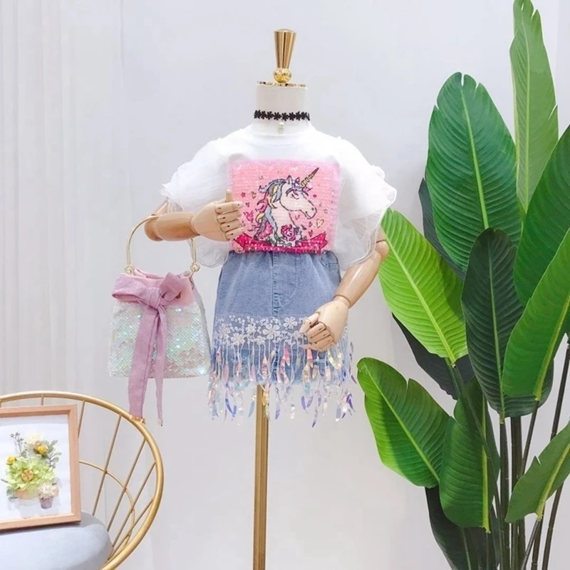 

New Fashion Toddler Girl Clothing Set Sequined Unicorn Short Sleeve Shirt and ShiningTassels Denim Skirt Outfit, Picture