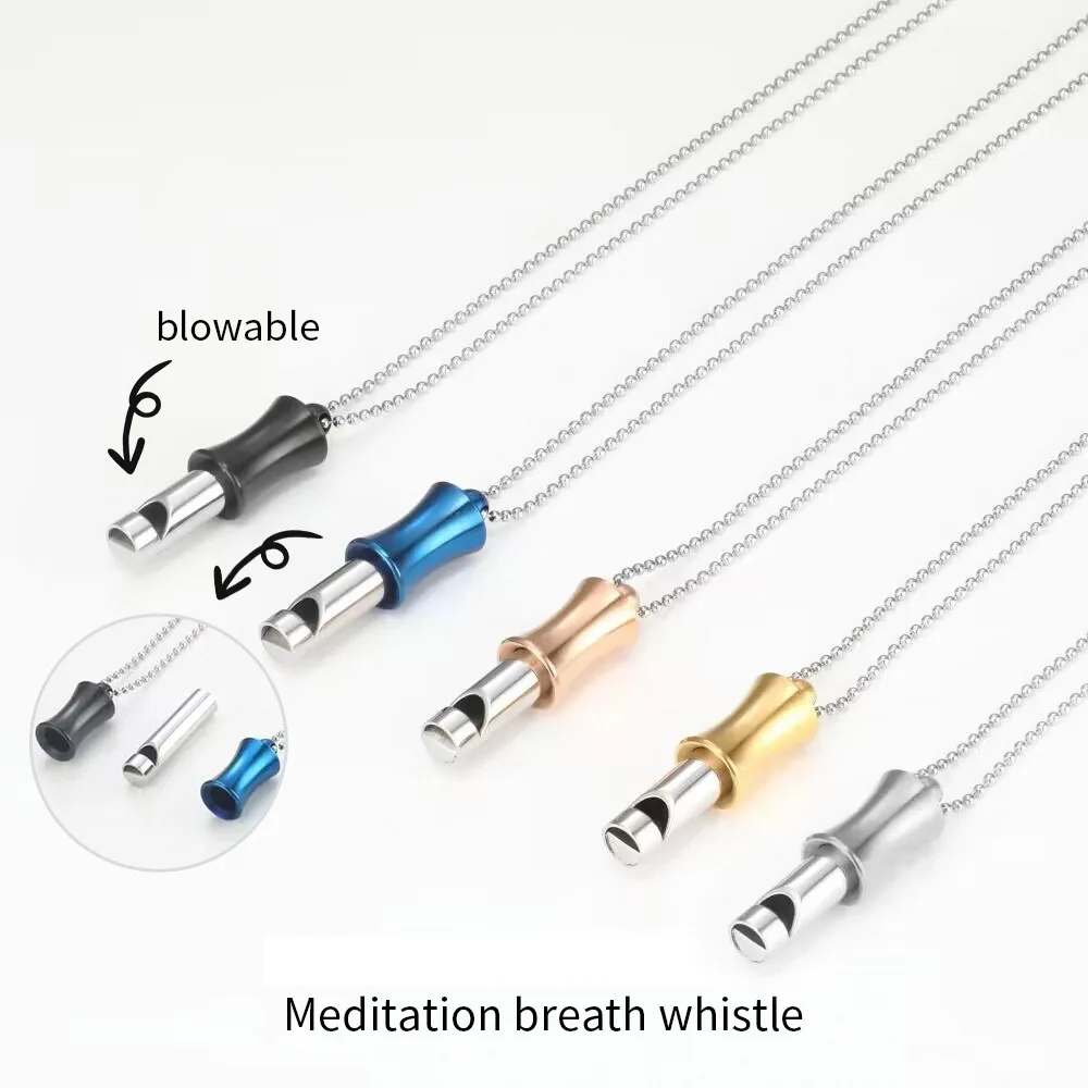 

Blowable Powerful Tool Meditation Breathing Necklace Relieve Stress Anxiety Stainless Steel Pendant Whistle Necklace