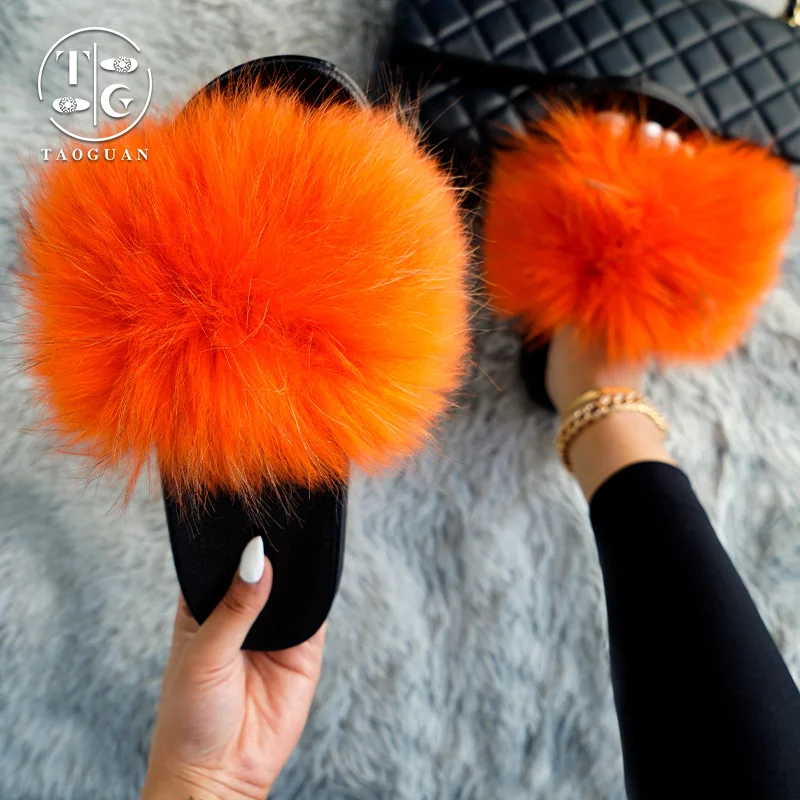 

Vendors Women Bling Orange Green Color Block Fashion Fax Deaigner Jumbo Fur Slides, Customized color