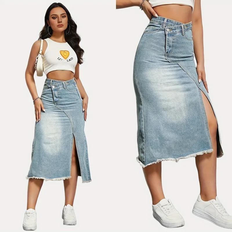 

2024 Autumn New American Retro Denim skirt Women's Fashionable Split stitching Mid-length Women's A- line skirt