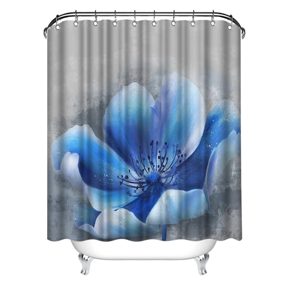 

Customized Design Grey Polyester Biggie Blue Flower Picture Shower Curtain For Bathroom, Customized color