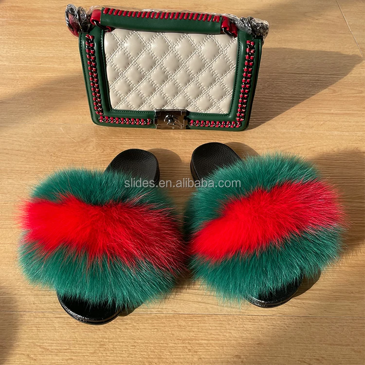 

Factory Direct Wholesale fur slides and purse matching bag set fur slides Fox Fur Sexy Flat Sandals, Customized