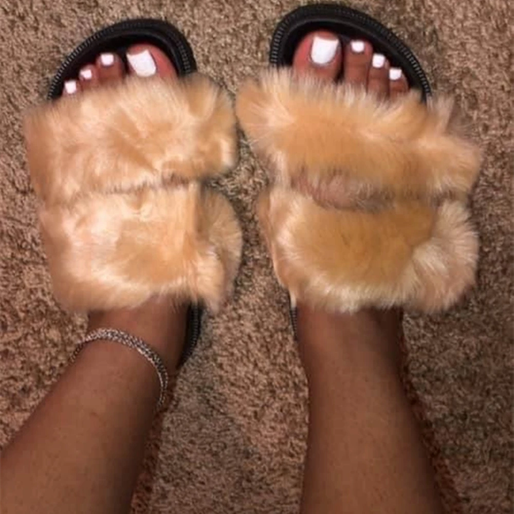 

fur two strap slides two strap Sandals Wholesale Women Slippers Color fur slides for women bulk