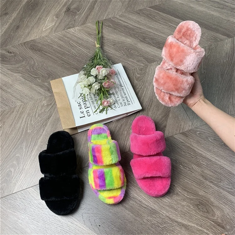 

High Quality Rainbow Slide Heel Sandals Shoes For Ladies Wholesale Faux Fur Slippers Women, Customizable colors