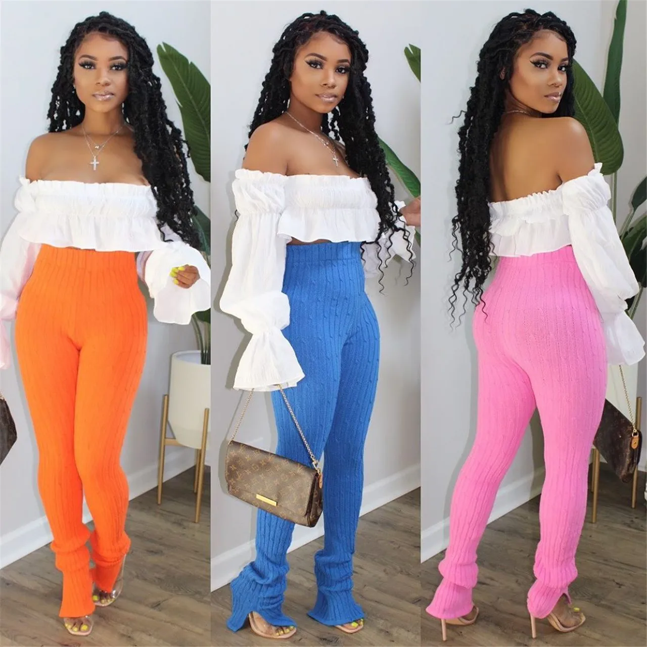 

womens winter thick stacked pants spring High waist sweater stack pants women 2021