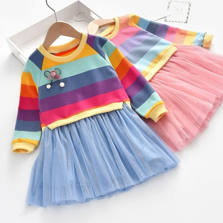 

Latest Children Clothes Mesh Stitching Rainbow Stripe Flower Sweater Kids Wear Girls Long Sleeves Princess Dress