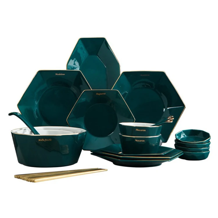 

Christmas New Product green gold rim Fashion crockery Ceramic Dinnerware Tableware sets for Home Restaurant, Malachite green