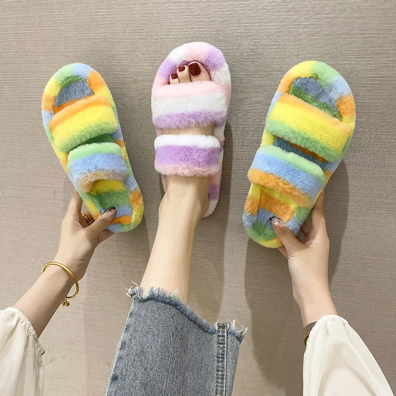 

Hot selling fashion slippers female colorful 2021 new large size slippers female warm Faux Fur slippers for women