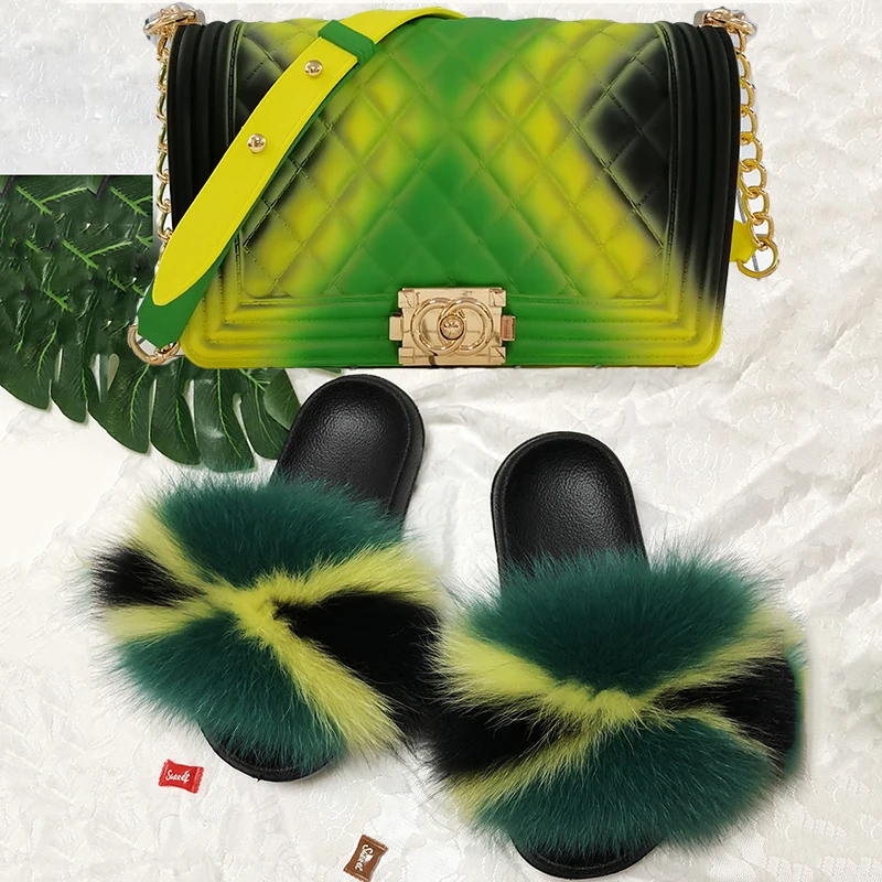 

GW wholesale pvc slides ladies raccoon fur slippers women soft real fox fur slides, Customized color