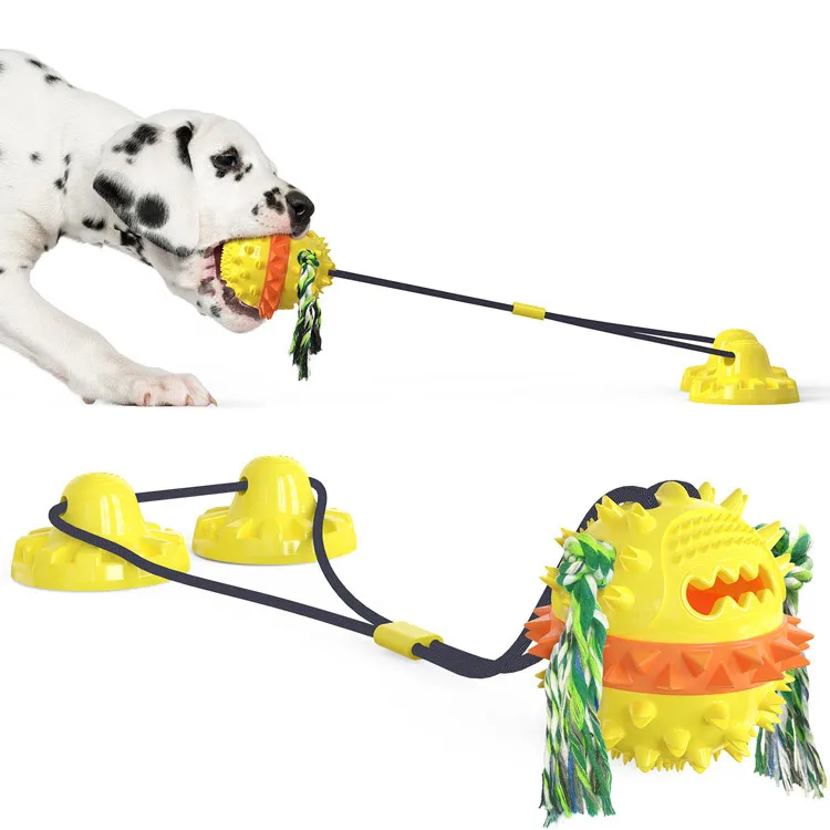 

Manufacture High Food Dispensing Pet Chew Ropes Ball Toy With Suction Cup Dog Toy, Green, blue, yellow