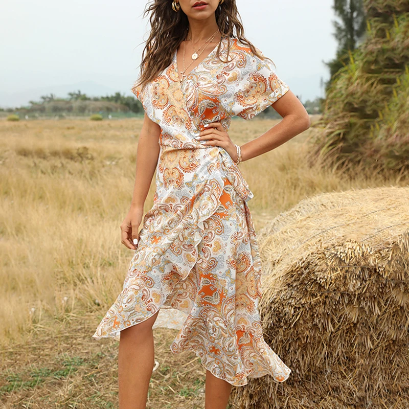 

Custom Women's Tunic Casual Dresses New Natural Print Floral Summer Waist Closing Mid Length V-neck Chiffon Woven Adults