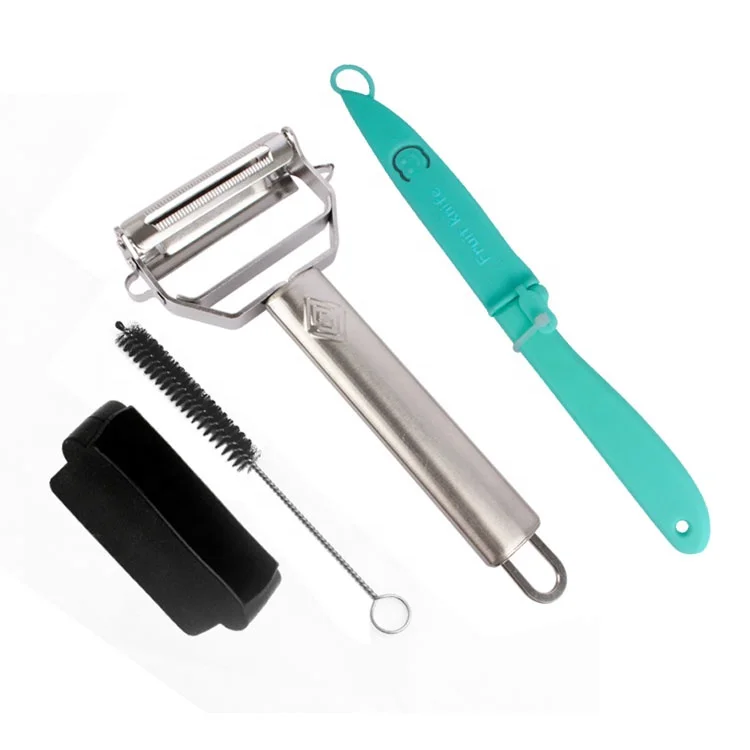 

Premium ultra sharp stainless steel dual julienne vegetable fruit potato peeler zester with cleaning brush & blade guard & knife, Silver