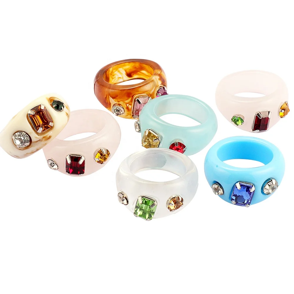 

INS fashion Rhinestone Colourful Geometric Rings Colorful Diamond Round Acrylic Ring for Women Girls Jewelry