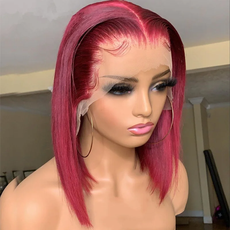 

Transparent Lace Burgundy Frontal Wig For Women Lace Front Human Hair Wig Middle Part Short Bob Wig With Baby Hair