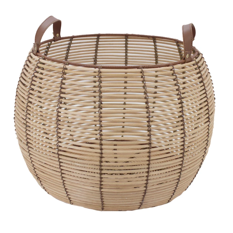 

KINGWILLOW new design large willow rattan laundry basket home sundries storage basket with PU handle, Customized