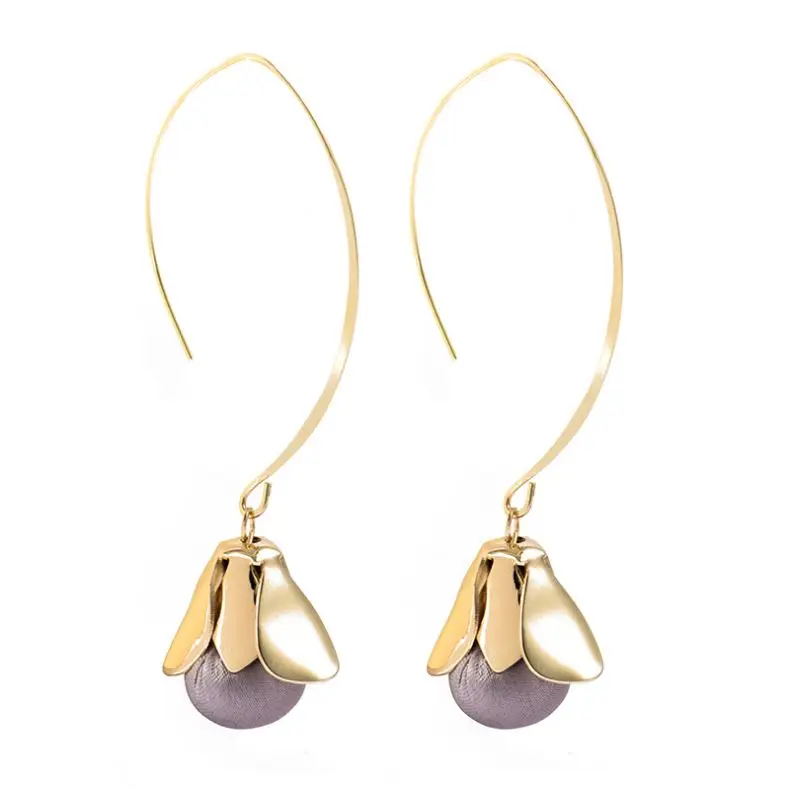 

Women girl's flower dangle earrings gold color copper pom pom long dangle earrings jewelry cheap wholesale, Black/green/coffee/yellow/pink/gray