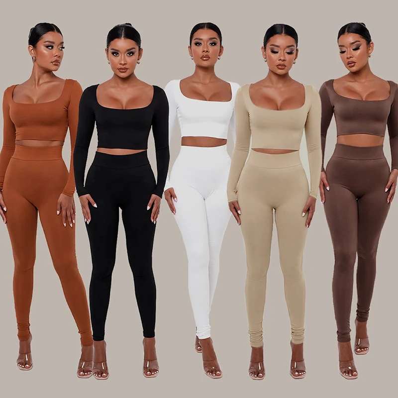 

Bomblook K21ST572 Skinny Women Fall 2021 Solid Color Square Collar Long Sleeve Crop Top Yoga Wear Two Piece Pants Set