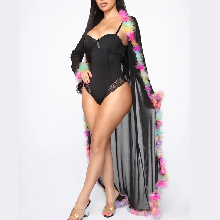 

Women Lingerie Long Lace Robe Dress Sheer Mesh Gown Sexy Feather Bridal Robe Tulle Illusion Chemise Cardigan, As picture or custom