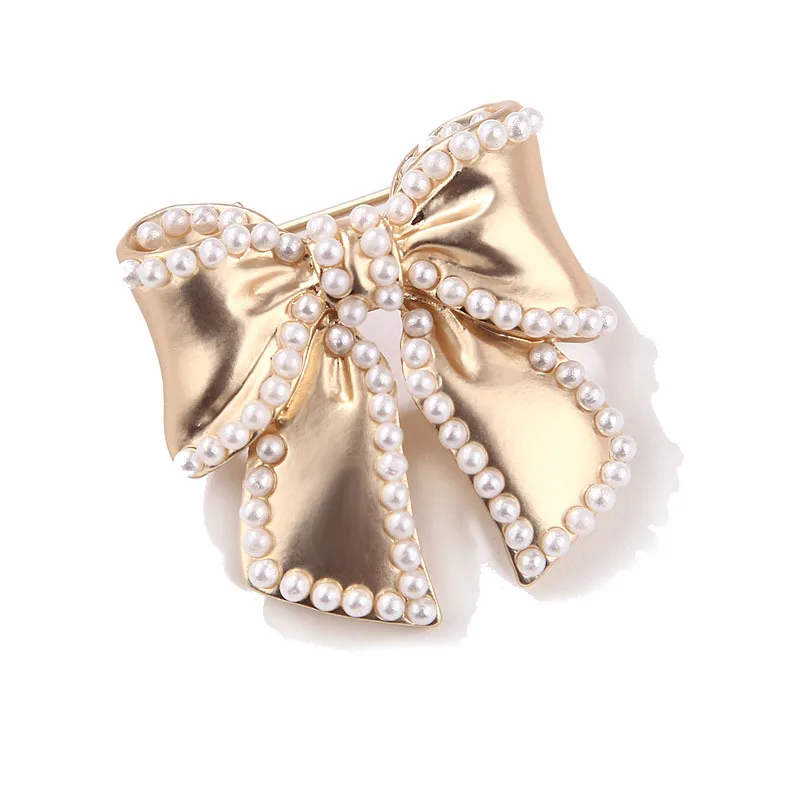 

Korea Dongdaemun Jewelry Temperament Metal Matte Gold Bow Corsage Full of Pearl Flower Brooch Combination Matching Female, Picture