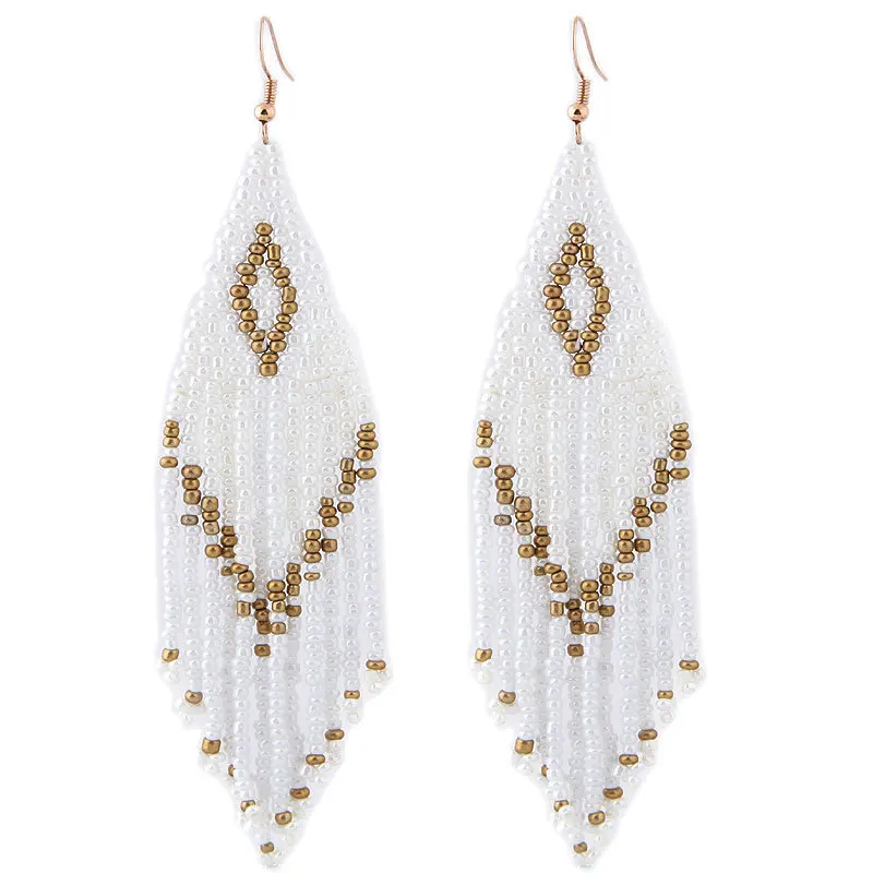 

Fashion Exaggerated Bohemia Long White Seed Beads Tassel Drop Earrings Golden White Seed Beads Drop Earrings, Picture