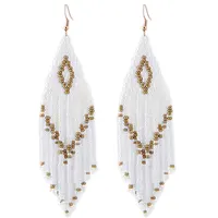 

Fashion Exaggerated Bohemia Long White Seed Beads Tassel Drop Earrings Golden White Seed Beads Drop Earrings