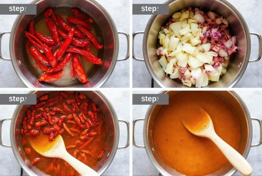 Step-by-step preparation of chili stock showing dried chilies soaking in hot water, onions and garlic being chopped, and stock simmering in a pot