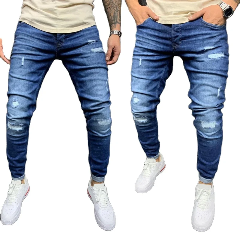 

factory wholesale new fashion men's jeans pants hole blue color fashion design clothing for men trousers