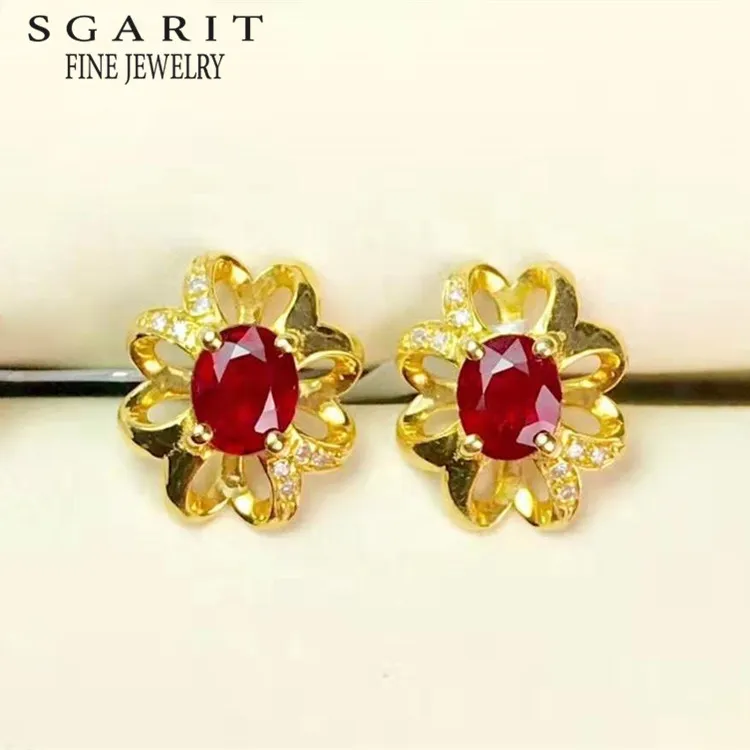 

SGARIT Saudi beautiful wedding gem jewelry with price women earring 18k gold 0.84ct natural red ruby stud earring