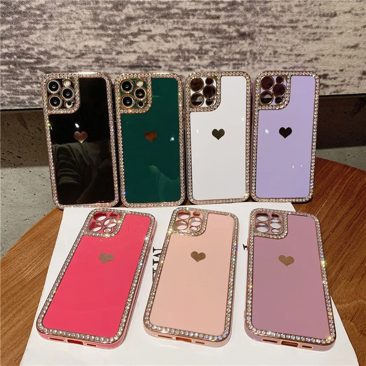 

2022 New Ladies Gold Plating Love Heart Green Colors Diamond Phone Case for iPhone 11 12 13 Pro Max, Black,purple,white,pink,gray,mint