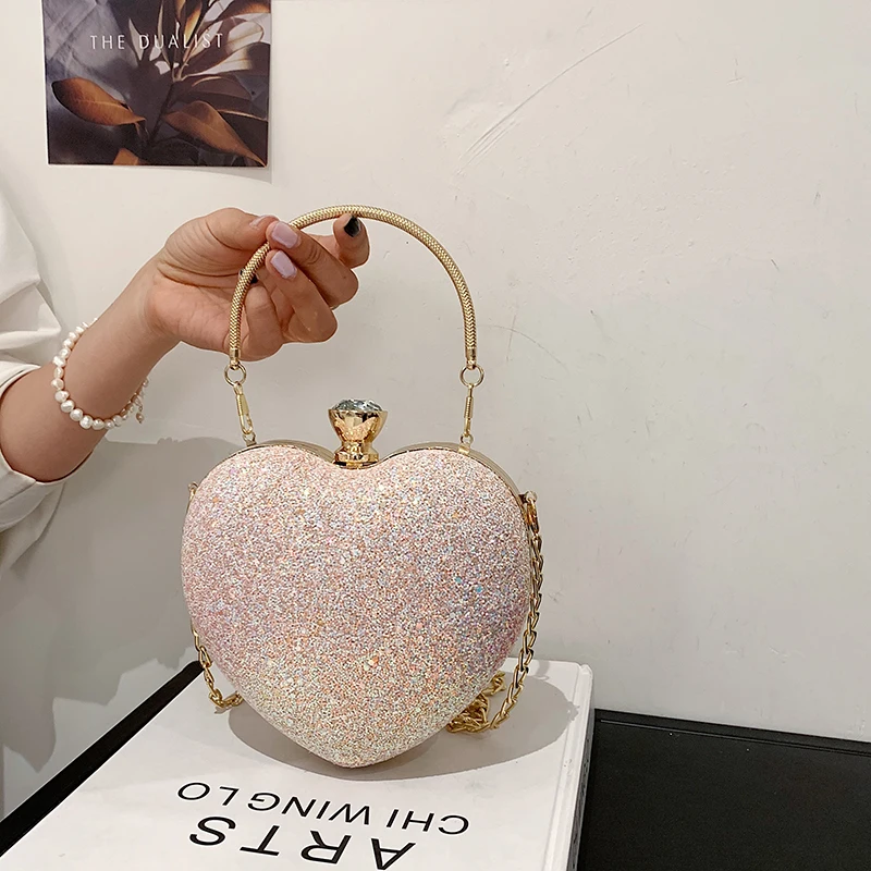 

2021 Latest Fashion Girls Cute Heart shape sequined Purses Luxury Handbag Lady Shoulder Hand Bag For Women