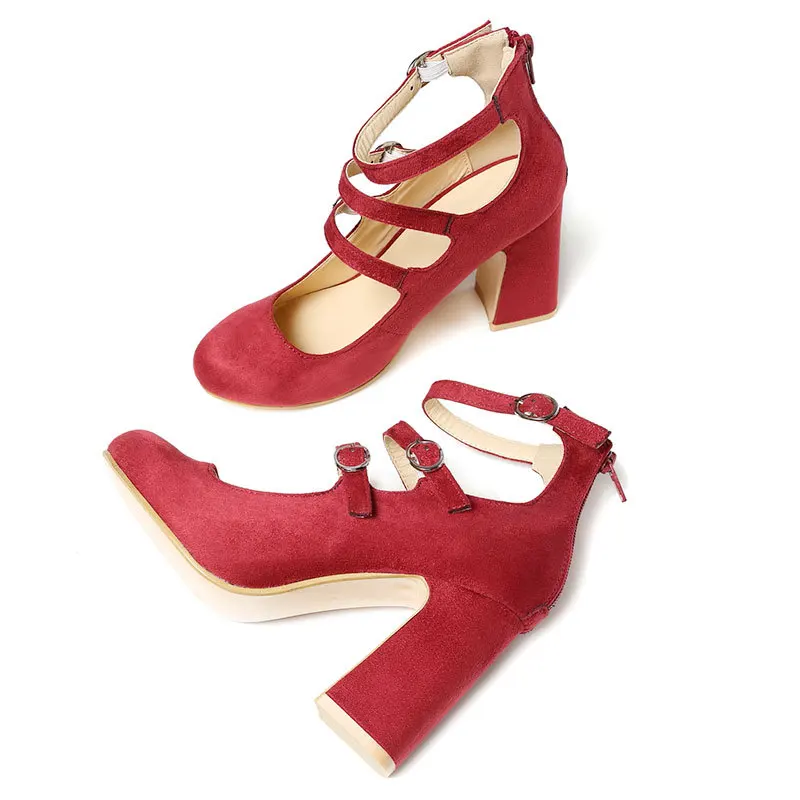 

Fashion Suede Thick Heel Round Toe Belt Buckle Women Red Bottom High Heels, Customized color