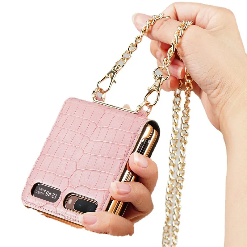 

2021 Folding chain Beauty Mirror Phone Case leather case for Samsung Galaxy Z Flip 5g x women case with chain Phone Cover, As pictures shows