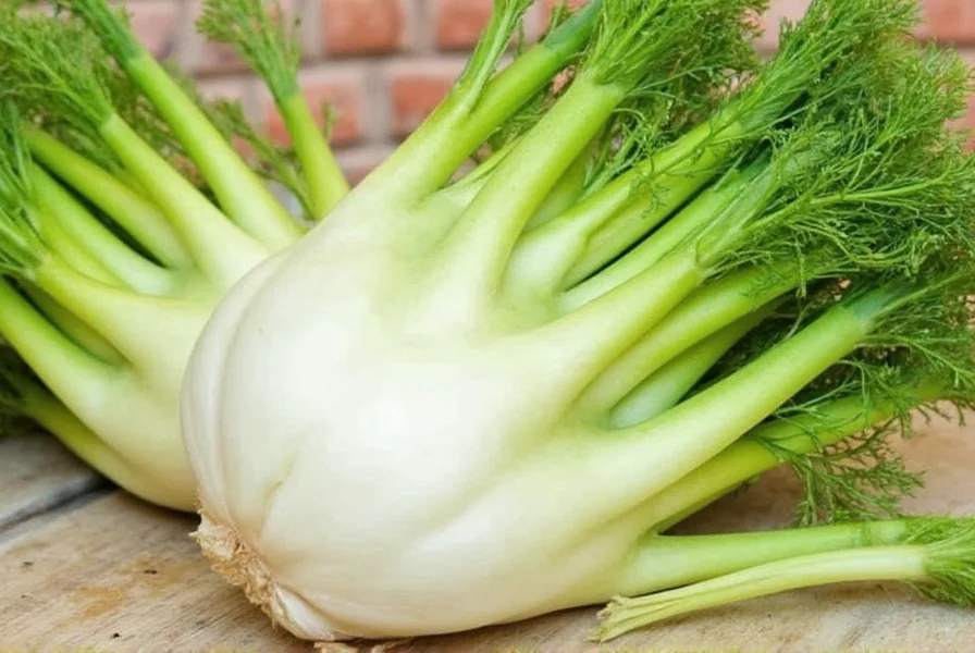 Close-up of fresh fennel bulb with feathery fronds on wooden cutting board