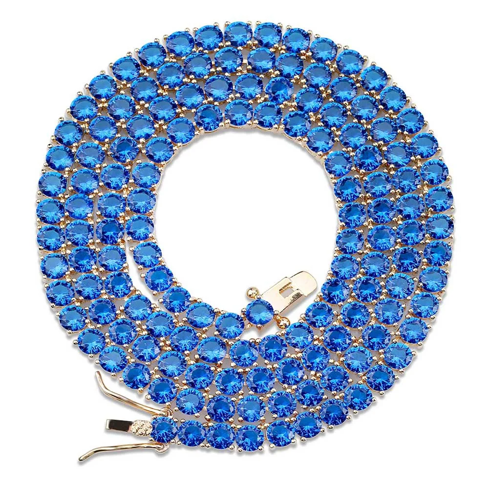 

Gold Plated Blue Zircon Insert Tennis Chain Necklace Party Hip Hop Jewelry, Zircon stones