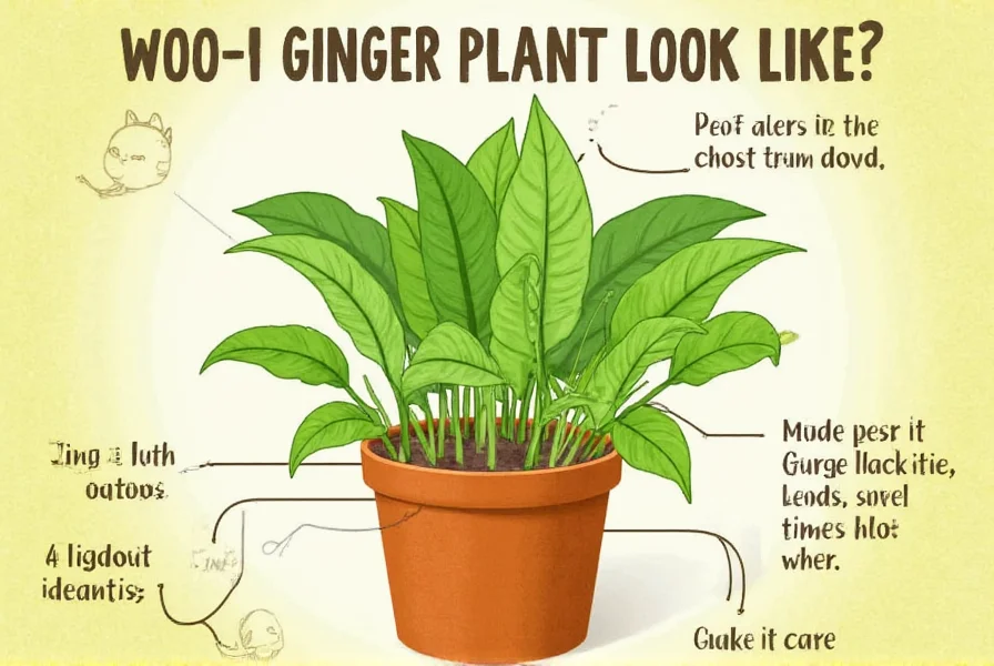 Ginger plant in bloom showing cone-shaped yellow-green flowers emerging from base of plant with green foliage